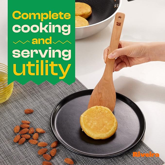 Riveira Cherry Wooden Spoons for Cooking Set of 6 – Natural Cherry Wooden Cooking Utensils, Wooden Spatula, Wooden Spoon - Premium Quality Wooden Utensil Set for Non-Toxic Cooking