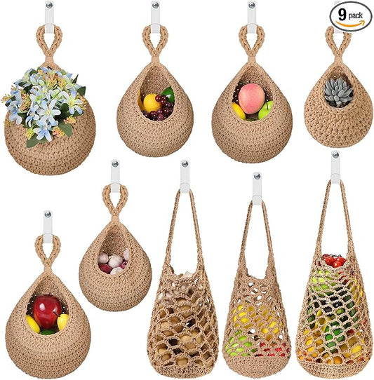 AARAINBOW Boho Wall Hanging Baskets for Kitchen Storage, Fruit Woven Wall Basket 9 Pcs, Hanging Vegetable and Onion Storage with 24 Hooks (Brown)