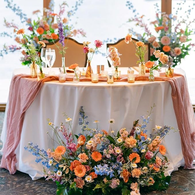 Sioloc 10 Pack Peach Coral Cheesecloth Table Runner Fall Autumn Decor for Home 10ft Table Cloth for Tea Wedding Birthday Party Baby Bridal Shower Halloween Thanksgiving