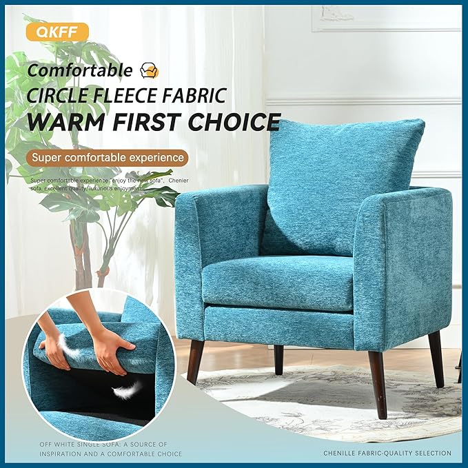 Barrel Accent Chair with Back Pillow, Large Upholstered Armchair with Solid Wood Legs Modern Reading Chairs for Living Room Bedroom