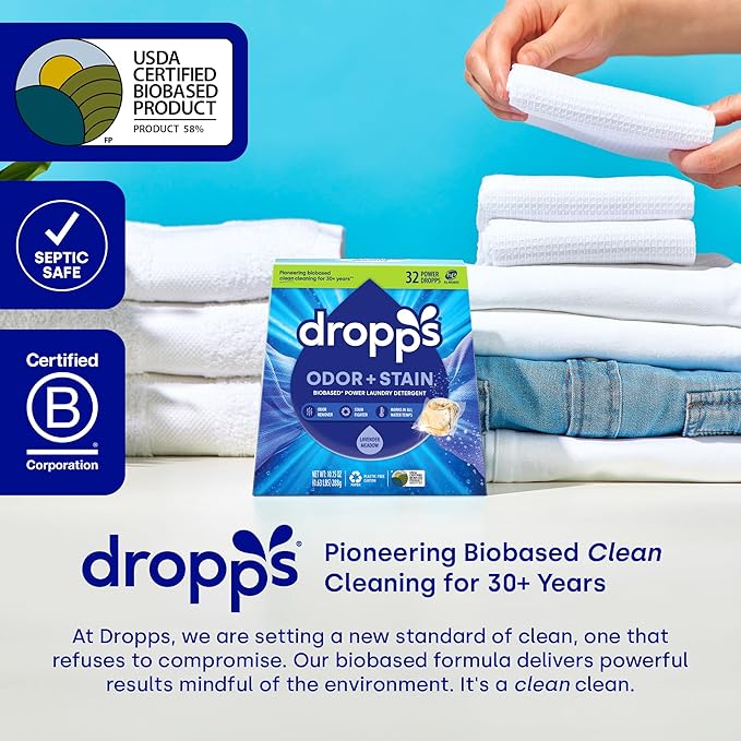 Dropps Odor & Stain Biobased Power Laundry Detergent Pods, Lavender Meadow (64 Count) - HE Compatible Laundry Pods for Fresh Clothes - Washing Detergent Soap Supplies & Recyclable Paperboard Packaging