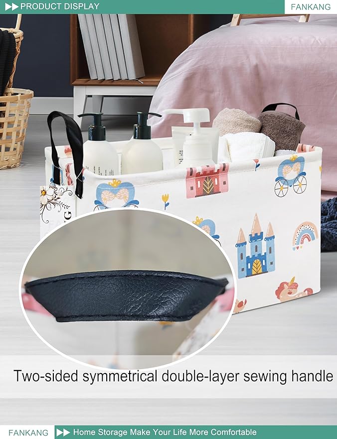 FANKANG Storage Bins, Nursery Hamper Canvas Laundry Basket Foldable with Waterproof PE Coating Large Storage Baskets for Kids Boys and Girls, Office, Bedroom, Clothes,Toys(Rec-castle carriage )