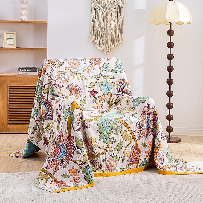 Boho Throw Blanket for Bed, 100% Cotton Soft Rustic Quilt Fall Blanket, 50"x60" Floral Printed Farmhouse Decor Bed Blankets, All Season Rustic Reversible Bohemian Throw Quilt