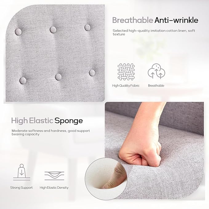 HUIMO Button-Tufted Accent Chairs Set of 2,Upholstered Reading Living Room Chair,Mid Century Modern Chair with Linen Fabric, Club Chair,Comfy Arm Chairs for Living Room,Bedroom,Light Grey