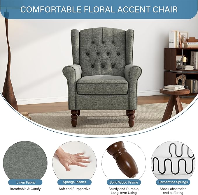 UIXE High Back Accent Chair, Fabric Upholstered Armchair for Living Room, Retro Wingback Arm Chair Comfy Single Sofa Bedroom Reading Seat with Solid Wooden Legs - Gray