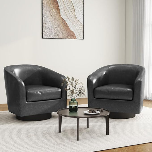 Swivel Barrel Accent Chair, Modern Round Faux Leather Arm Chair for Living Room, Bedroom, Comfy Club Reading Chairs for Adults (Faux Leather, Black Grey, Set of 2)