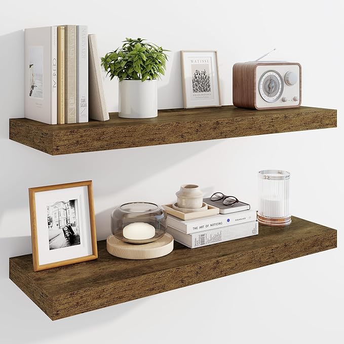 Marsmiles 30" Floating Shelves for Wall, Wooden Shelves with Invisible Brackets Set of 2, Rustic Farmhouse Wall Mounted Shelf for Kitchen Bathroom Living Room Study, Rustic Brown