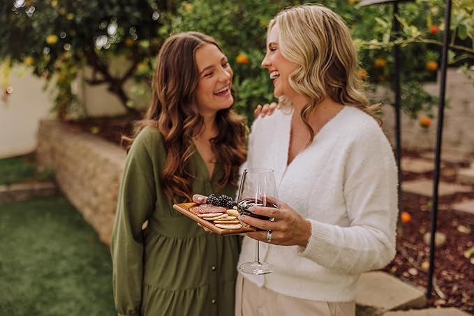 PICNIC TIME Rectangle Wine Appetizer Plates Set of 4, Cocktail Plate with Glass Holder, Cheese Board with Wine Holder, (Acacia Wood)