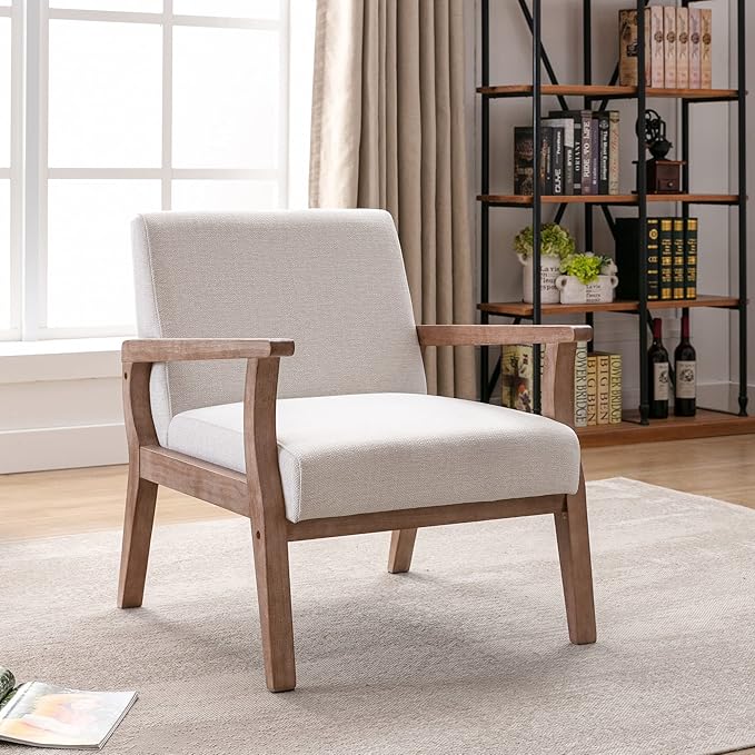 Mid Century Modern Accent Chair Set of 2, Linen Upholstered Living Room Accent Armchair with Wood Frame, Farmhouse Chair for Living Room Bedroom, Ivory