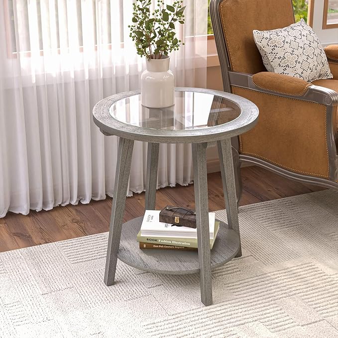COSIEST 2-Tier End Table with Tempered Glass Top, Round MDF Side Table with Storage Shelf, Modern Wood Accent Table for Bedroom Living Room Home Office, Antique Silver