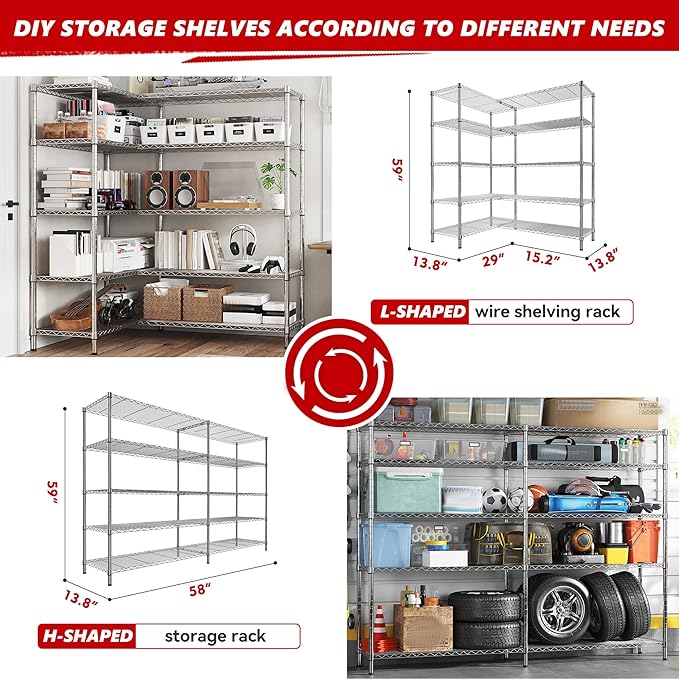 REIBII 58" W 5 Tier Heavy Duty Wire Shelving Unit with Adjustable Shelves - 1400LB Metal, Chrome - 58" W x 59" H x 13.8" D - Garage, Pantry, Kitchen