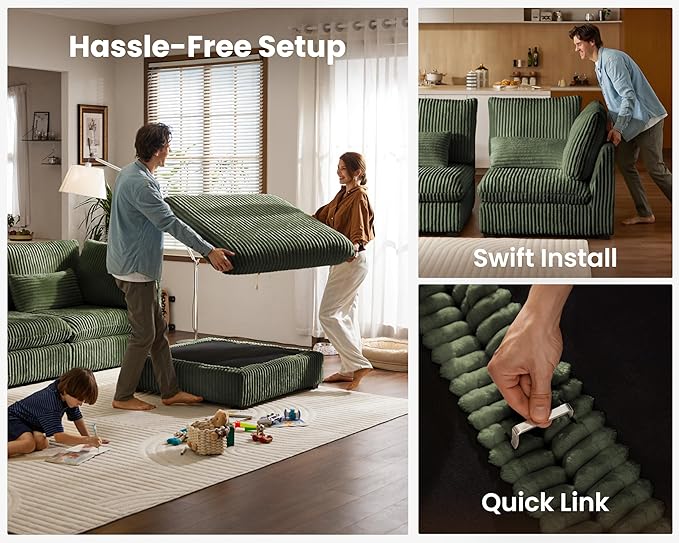 Oversized Modular Sofa, Extra Deep Cloud Corduroy Sectional Couch with Ottoman Chaise, Fluffy Corduroy 4 Seater Couch Bed for Living Room, Villa (Sofa Bed 4 Seater, Corduroy Green)