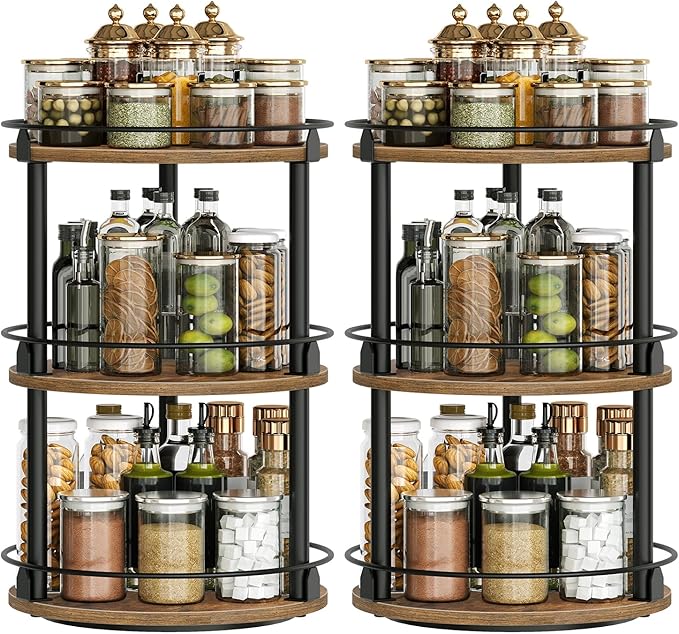 Spice Rack, Set of 2 Lazy Susan Organizer, 3-Tier Turntable Organizer For Cabinet, Compact and Versatile, for Kitchen Countertop, Rustic Brown SR23L2BR