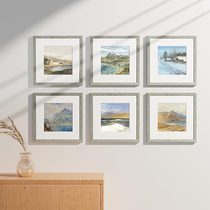 Vittanly 12x12 Picture Frames Set of 9, Shatter Resistant Plexiglass, Display 8x8 Pictures with Mat or 12x12 without Mat, Photo Frames for Wall Mount, Engineered Wood, Grey