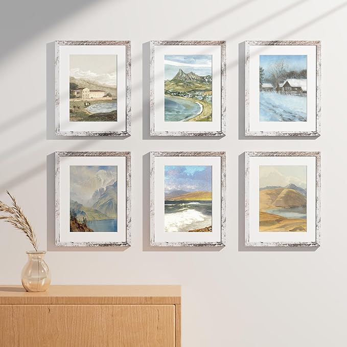 Vittanly 11x14 Picture Frames Set of 9, Shatter Resistant Plexiglass, Display 8x10 Pictures with Mat or 11x14 without Mat, Photo Frames for Wall or Tabletop, Engineered Wood, Distressed White