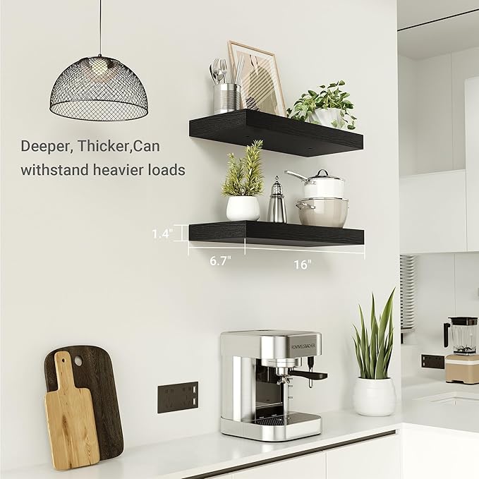 Black Floating Shelves for Wall, 16 inchs x 6.7” deep x 1.4” Wall Shelf for Bathroom Bedroom, Living Room, Kitchen, Office Home Decor, Narrow Wood Shelves with Invisible Brackets Set of 2