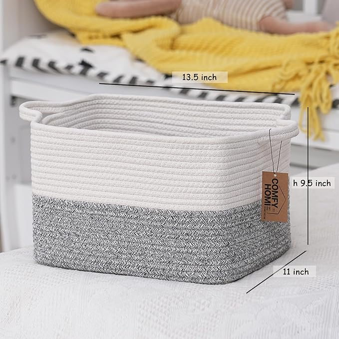 COMFY-HOMI 3-Pack Cotton Rope Woven Basket with Handles for Shelves, Book, Cloth Basket|Dog Toy Basket for Organizingy|13.5" x 11" x 9.5" for Bedroom(White/Grey)