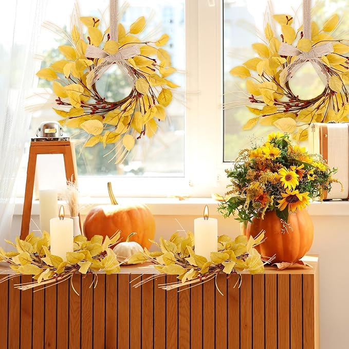 6 Pcs Fall Eucalyptus Leaves Wreaths for Kitchen Cabinets 3 Inch Front Door Mini Autumn Candle Rings Wreath with Red Berries Artificial Farmhouse Hanging Swags Wreath for Thanksgiving Window Decor