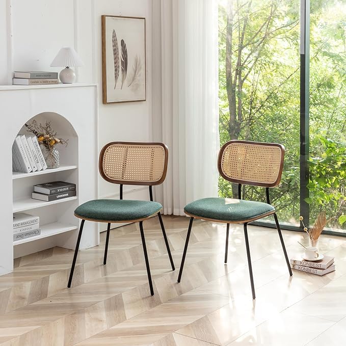 Rattan Dining Chairs Set of 2, Mid Century Modern Dining Chairs with Cane Back for Kitchen Dining Room, 19 Inch Fabric Green