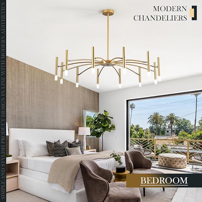 Gold Modern Chandelier 39.4" Large Chandelier Lighting Adjustable Ceiling Pendant Light 12 Light Pendant Light Fixtures for Living Room Dining Room Foyer