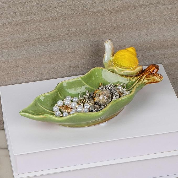 Jewelry Tray Snail Trinket Organizer Ceramic Leaf Tray Decorative Desk Storage Plate for Rings Earrings Necklaces Watch Coins Keys, Snail Soap Dish Holder, Key Bowl, Candy Dish (Green)