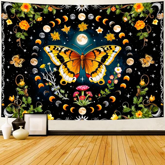 Delur Butterfly Moon Flower Tapestry Botanical Floral Plant Boho Tapestry Wall Hanging Mandala Aesthetic Mushroom Retro Vintage Headboard for Bedroom Living Room Home Decor (51.2" x 59.1")