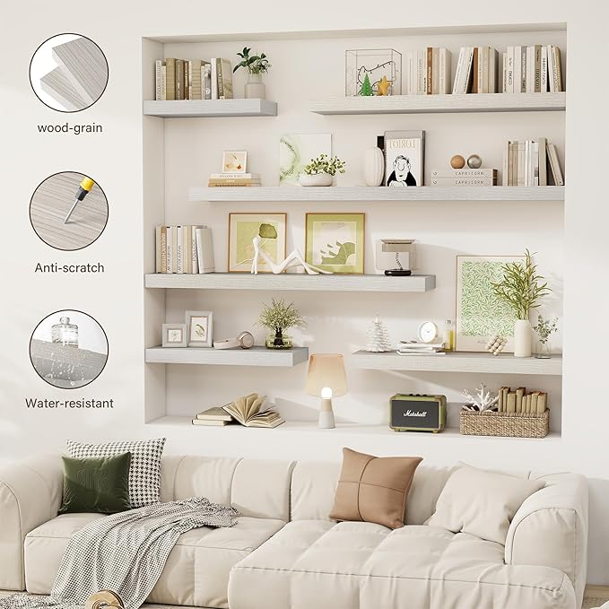 55 Inch Floating Shelves, 12" Deep Floating Shelf Wall Mounted, 55" Wall Shelves, Rustic Deep Bookshelf, Extra Deeper & Thicker Display Shelves for Bedroom, Living Room, Gray, Set of 2