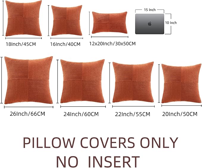 Fancy Homi Set of 2 Burnt Orange Decorative Throw Pillow Covers 26x26 Inch for Living Room Couch Bed, Boho Farmhouse Fall Home Decor, Soft Corss Corduroy Patchwork Textured Cushion Case 66x66 cm