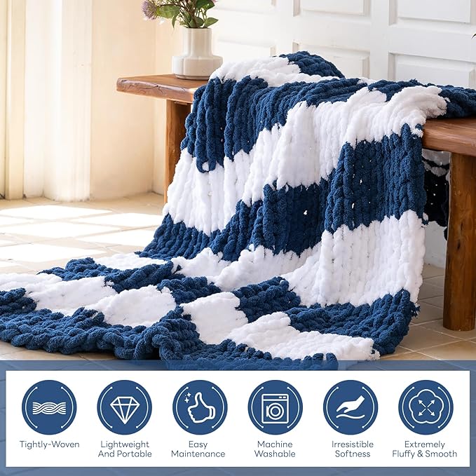 Chunky Knit Blanket - Luxury Soft Cozy 60 * 80 Throw Blanket,100% Woven Blanket Rope Knot Throw Blanket for Couch, Sofa, Home Decor, Gift - Machine Washable(White/Deep Blue)