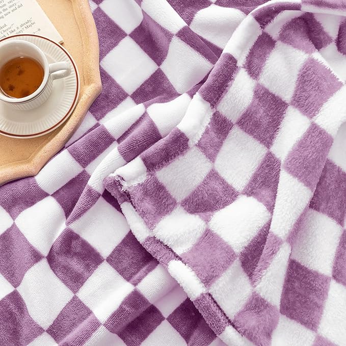 LOMAO Throw Blankets Flannel Blanket with Checkerboard Grid Pattern Soft Throw Blanket for Couch, Bed, Sofa Luxurious Warm and Cozy for All Seasons (Purple, 60"x80")