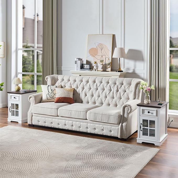 Farmhouse XXL End Table with Charging Station, Side Table with USB Ports and Outlets, Nightstand with Drawer and Glass Door Storage, White Bedside Tables for Living Room, Bedroom, Office