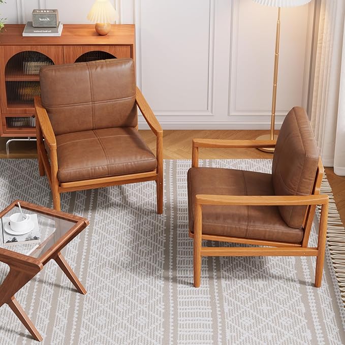 Mid Century Modern Accent Chair Set of 2, Leather Accent Chair, Relaxing Armchair with Solid Wood Frame & Soft Cushion, Reading Leisure Chairs for Living Room