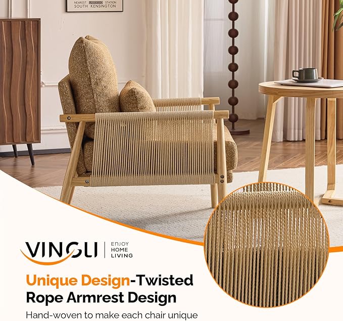 VINGLI Boho Braid Accent Armchairs Set of 2,Mid-Century Modern Chiars with Solid Wooden Armrest,Comfy Louge Cushion Chairs with Waist Pillow for Bedroom,Living Room,Reading Room, Khaki