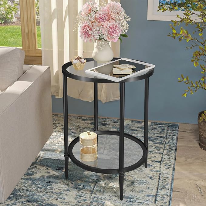 2 Tier Round Side Table, Black End Table with Glass Top, Modern Metal Clear Coffee Table,Small Accent Table for Living Room, Bedroom, 18" x 18" x 24"