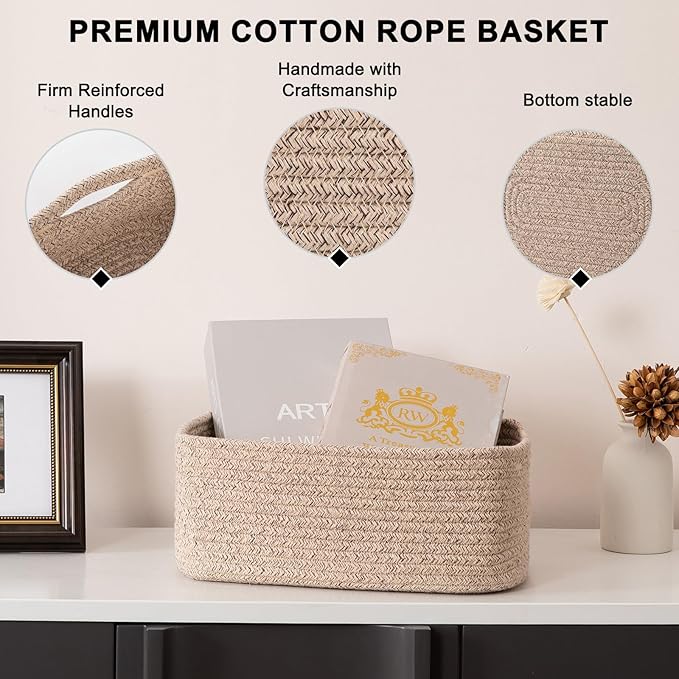 4 Pack Small Storage Shelf Baskets for Organizing, Mini Woven Rope Storage Bins for Towels, Cute Decorative Closet Organizer,Baby Nursery, Gift Empty Baskets -13''Lx8.66''Wx5.11''H-Brown