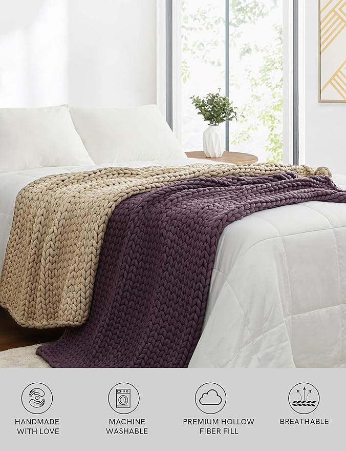 YnM Chunky Throw Blanket, Medium-Weight, Hand Knitted, Skin Friendly, Ventilated and Breathable, Machine Washable, Home Décor Piece for Couch, Sofa and Bed (Beige, 40x50 Inch)