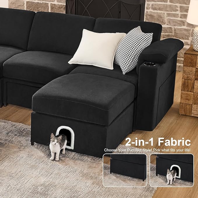 Modular Sectional Sofa Couches for Living Room Velvet Cloud Couch Oversized U Shaped Sectional Couch Convertible Sleeper Sofa Chaise Padded Armrests Cup Holder (Grey, 8 Seats)