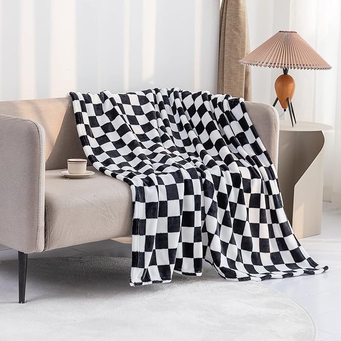 LOMAO Throw Blankets Flannel Blanket with Checkerboard Grid Pattern Soft Throw Blanket for Couch, Bed, Sofa Luxurious Warm and Cozy for All Seasons (Black, 90"x90")