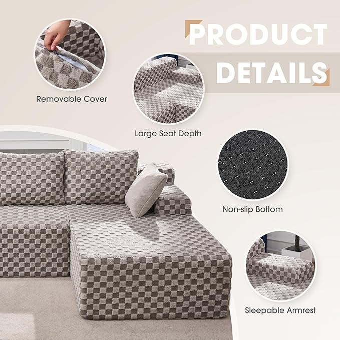 Hobestluk 96“ Modular Sectional Sofa Couches L-Shape Couch 3 Seat Modular Sofa Memory Foam Sectional Couches for Living Room, Cloud Couch with Oversized Chaise (Grey, Checked (Right Facing Chaise))