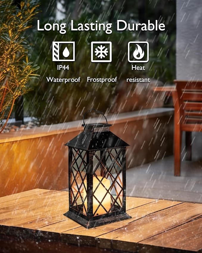 Homemory Solar Lanterns Outdoor Waterproof Hanging with Flickering Flameless Candles, 2 Pack 13'' Garden Outdoor Lantern Decorative for Patio Front Porch Backyard Balcony Cabin Outside(Antique Copper)