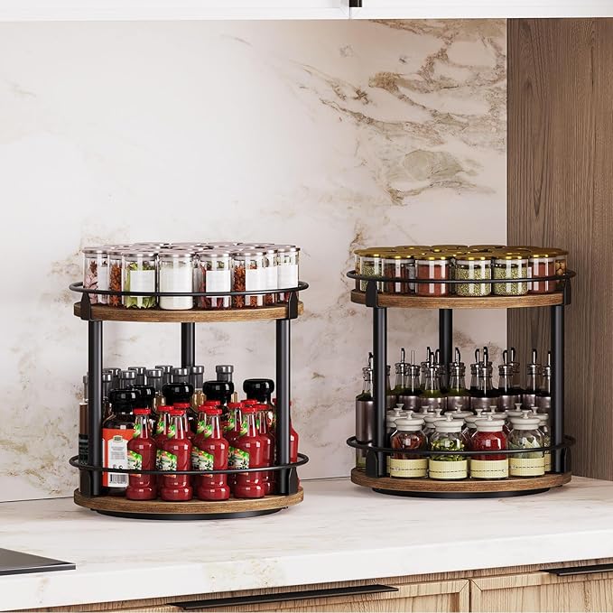 Spice Rack, Set of 2 Lazy Susan Organizer, 2-Tier Turntable Organizer, Rotating Spice Rack Organizer For Cabinet, Compact and Versatile, for Kitchen Countertop, Rustic Brown SR22L2BR