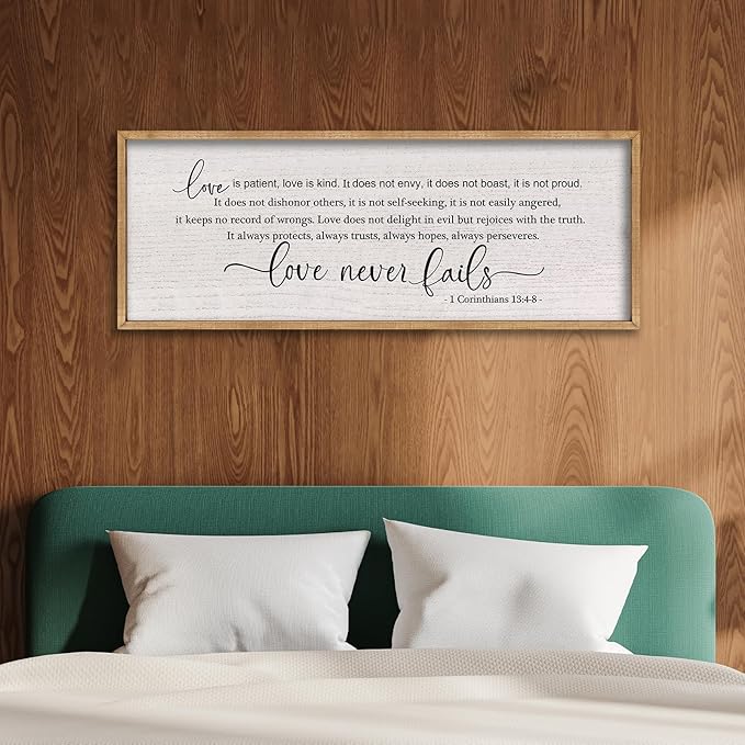 LuZhiQiang Love is Patient Love is Kind Wall Decor 40"X15" Bible Verse Quote 1 Corinthians 13 For Bedroom Above Bed Christianity Couple Sign Large Wood Framed Wall Hanging Art (Wood)