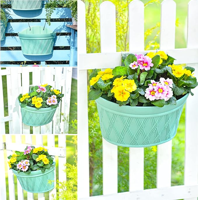 Sungmor Wall Hanging Planters,11.5 Inch Hanging Flower Pots for Railing Fence - Indoor Outdoor Balcony Wall Planter Hanging Basket, Plastic Pot Plant Container - Half Round & 3PC Pack & Green