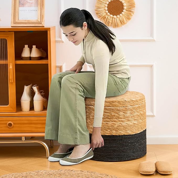 Wimarsbon 18'' Ottoman Pouf, Natural Braided Poof, Rustic Handweave Lounge Pouffe, Boho Footrest Stool for Bedroom, Accent Table for Living Room (Storage - 18inch Cattail+Black Corn Husk L)