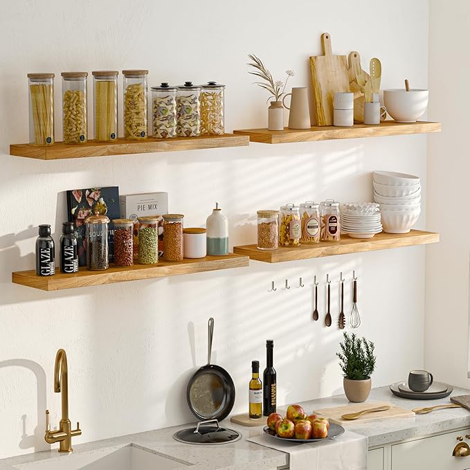 Fun Memories Wood Floating Shelves for Wall, 48 Inch Floating Shelves Wall Mounted, Rustic Elm Wood Shelf for Home Decor, Heavy-Duty Storage Shelves for Living Room, Bathroom, Kitchen, Natural Finish
