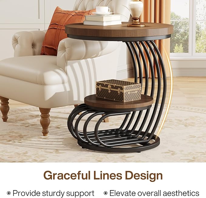 Tribesigns Round End Side Table: Side Table with 2 Tiers Storage Shelves, Vintage End Table for Living Room, Small Bedside Table Accent Table with Arc-Shaped Frame, Light Brown
