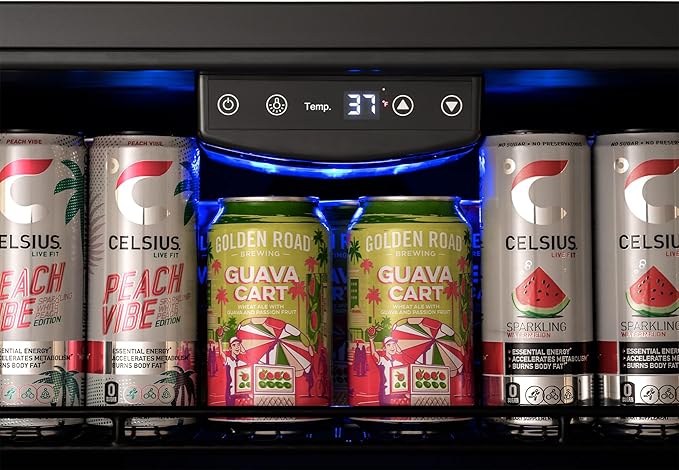 Newair 24" Beverage Refrigerator 177 Can Capacity, Black Stainless Steel Mini Fridge with Built-in Cooler and Glass Door, Cool your Soda, Beer, and Beverages to 37F