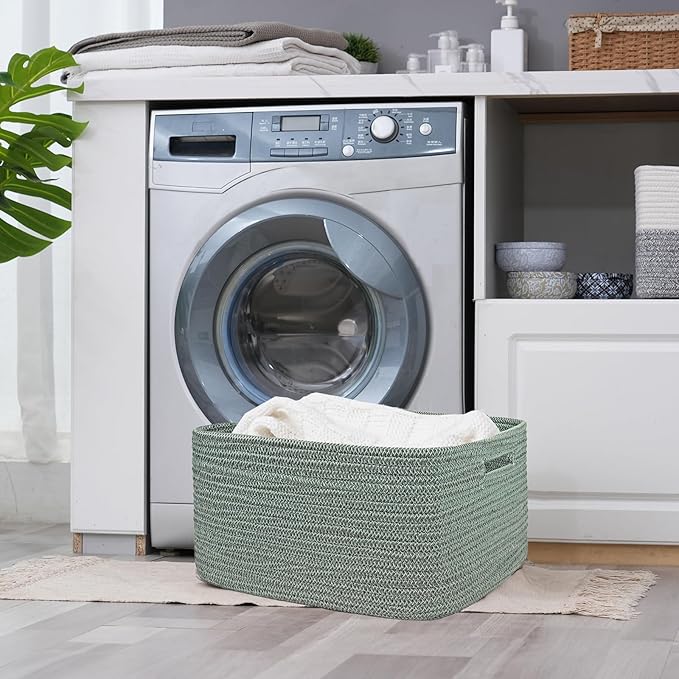 COMFY-HOMI Cotton Rope Woven Basket with Handles for Shelves,Toys,Book, Cloth Storage Baskets for Organizing-17" x 13" x 7.5" Toy Decorative Organizer for Living Room, Bathroom (Green)