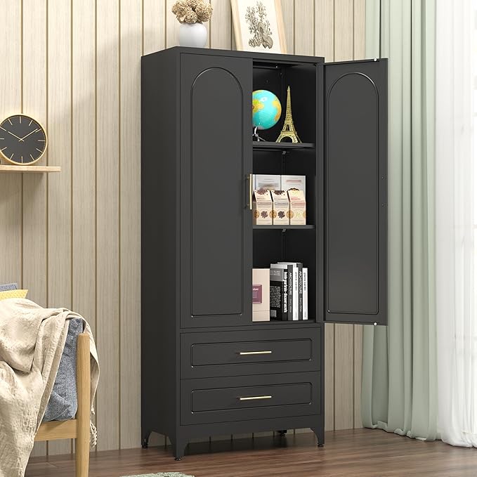 Kitchen Pantry Cabinet, 75" Tall Metal Pantry Cabinet with Two Drawers, Food Cupboards with Doors and Shelves, Freestanding Storage Cabinets for Dining, Living Room, Black, Assembly Required