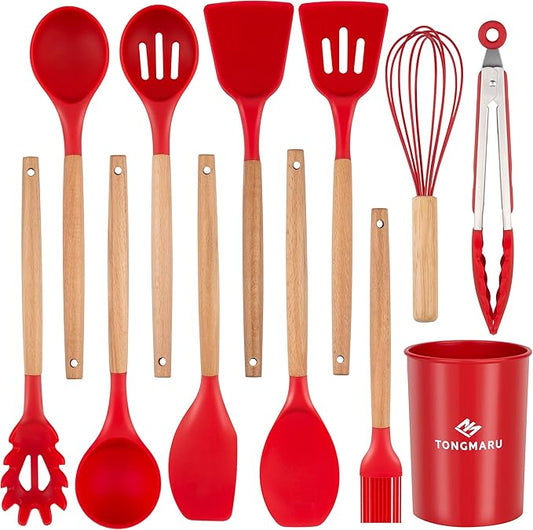 Silicone Cooking Utensils Set, Premium Beech Wood Handle Kitchen Gadgets Utensil Set, Non-Stick Kitchen Utensils Spatula, Tongs, Turner, Whisk, Brush, Spoon, BPA FREE, 446°F Resistant (Red)